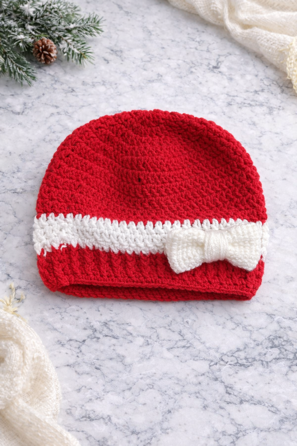 Classic Red Crochet Bow Beanie & Scarf Set