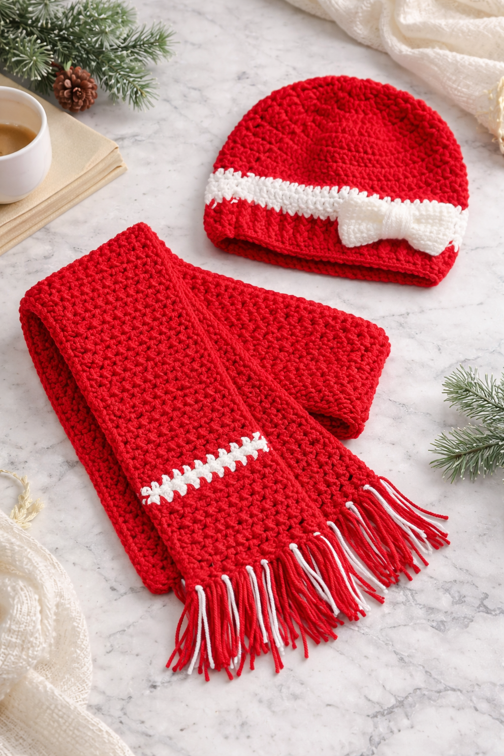 Classic Red Crochet Bow Beanie & Scarf Set