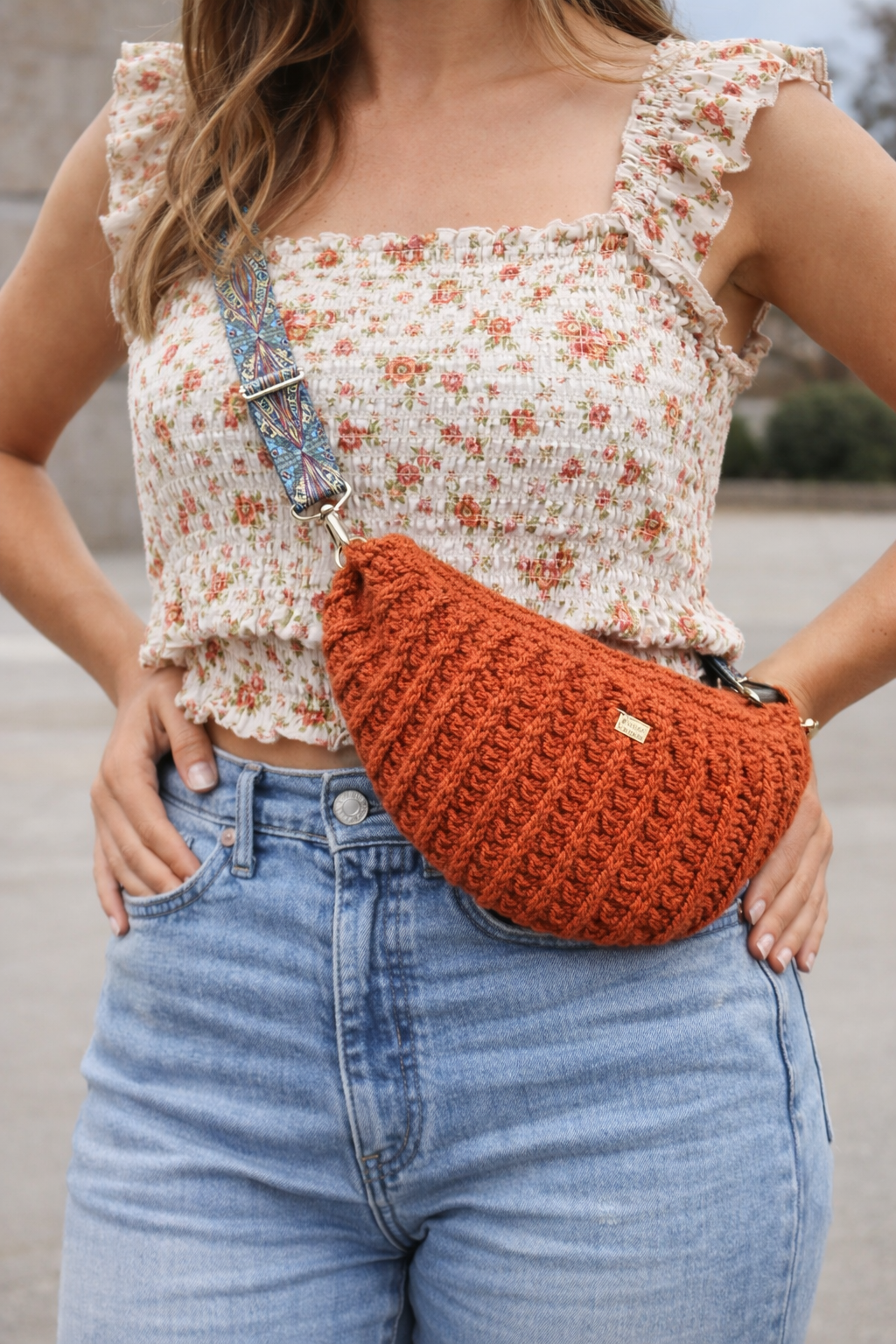 Burnt Orange Ribbed Crochet Hobo Bag