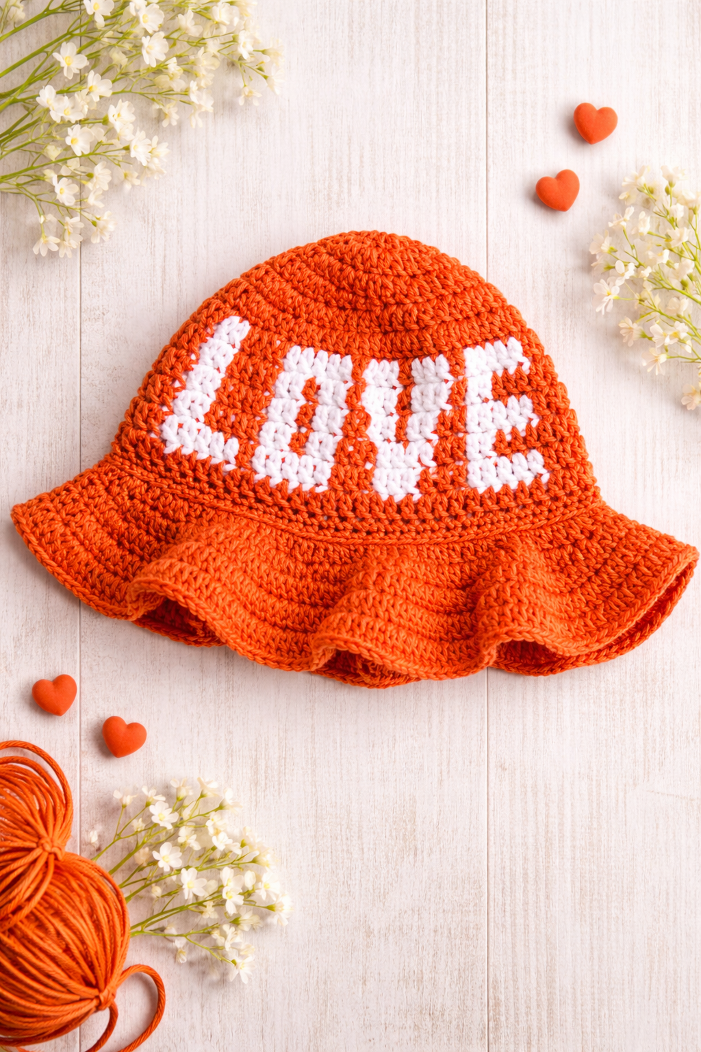 Handmade Orange LOVE Crochet Bucket Hat