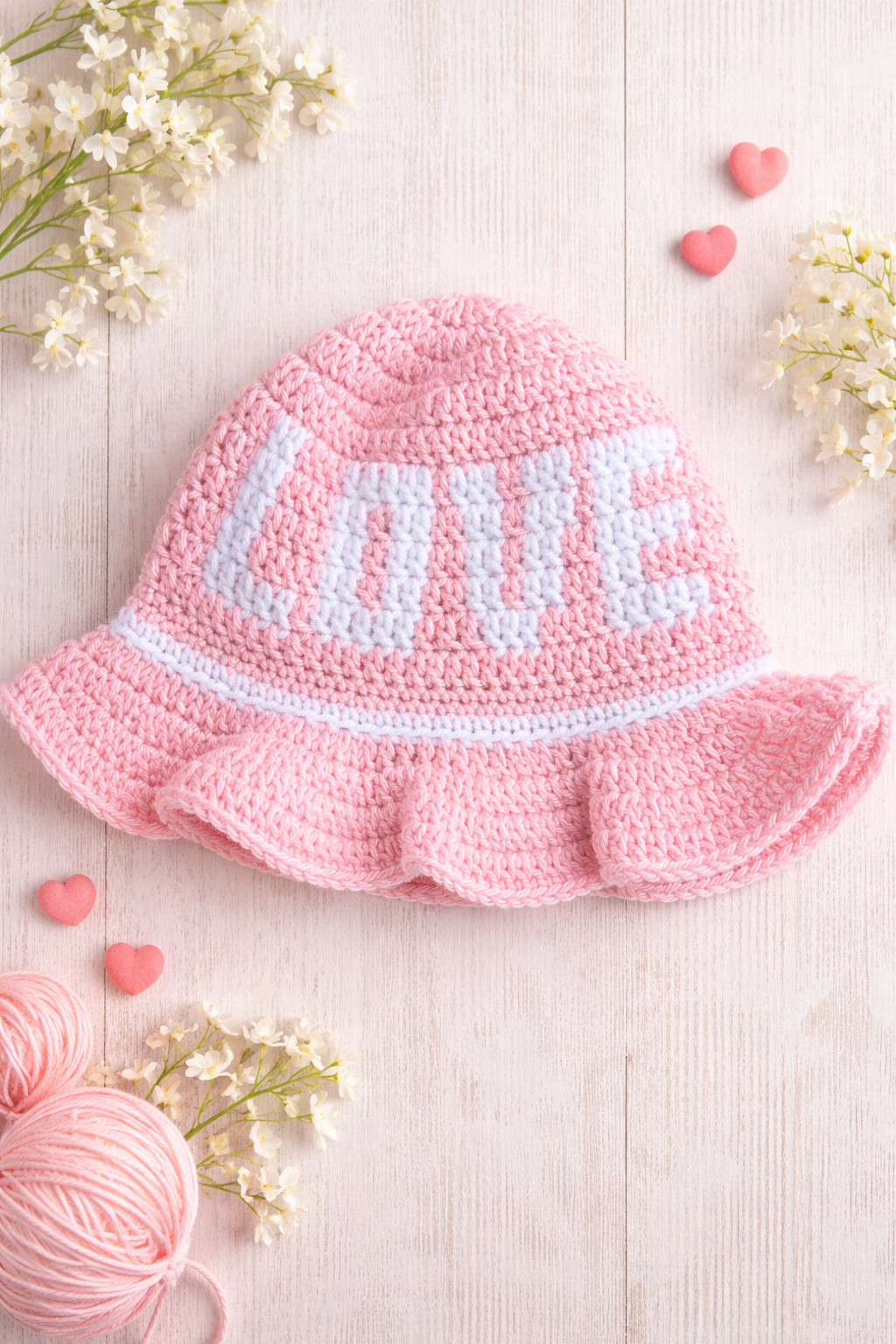 Handmade Pink LOVE Crochet Bucket Hat