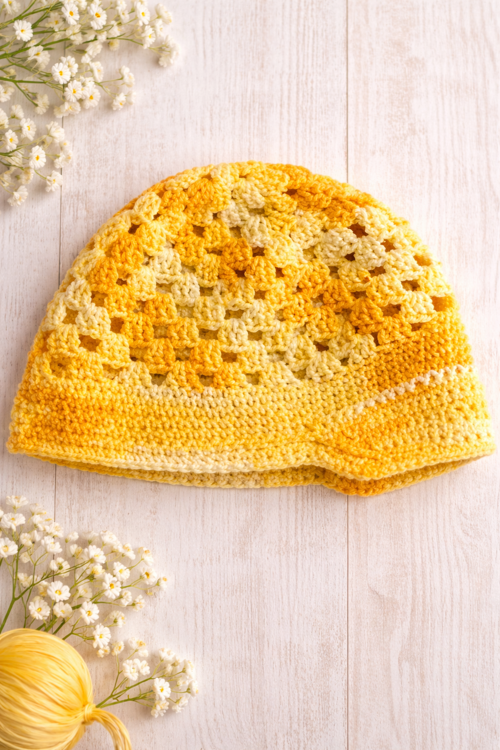 Handmade Yellow Ombre Filet Crochet Beanie