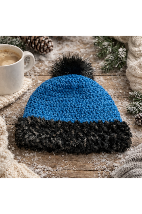 Blue & Black Crochet Pom-Pom Beanie