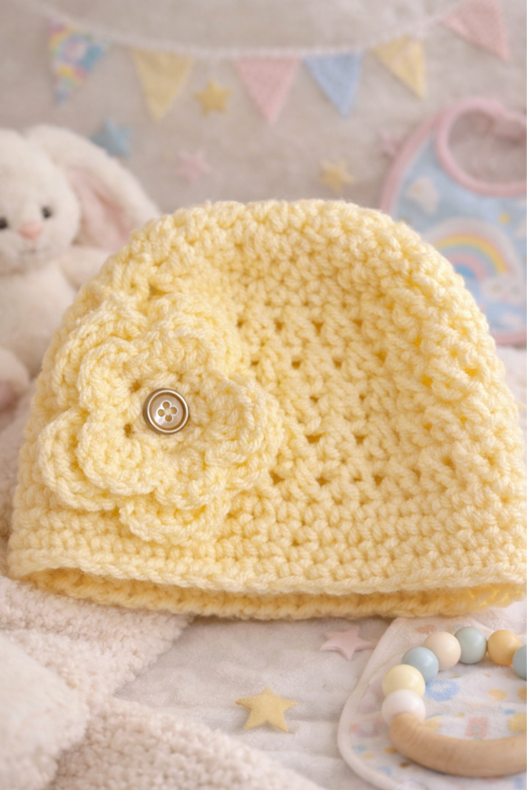 Yellow Crochet Flower Baby Beanie (Newborn–3 Months)